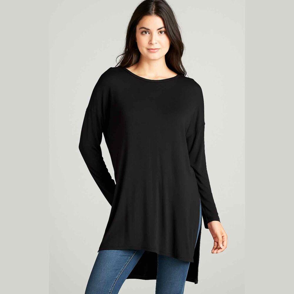 Eileen Fisher Black Long Sleeve Side Split Tunic Top Blouse